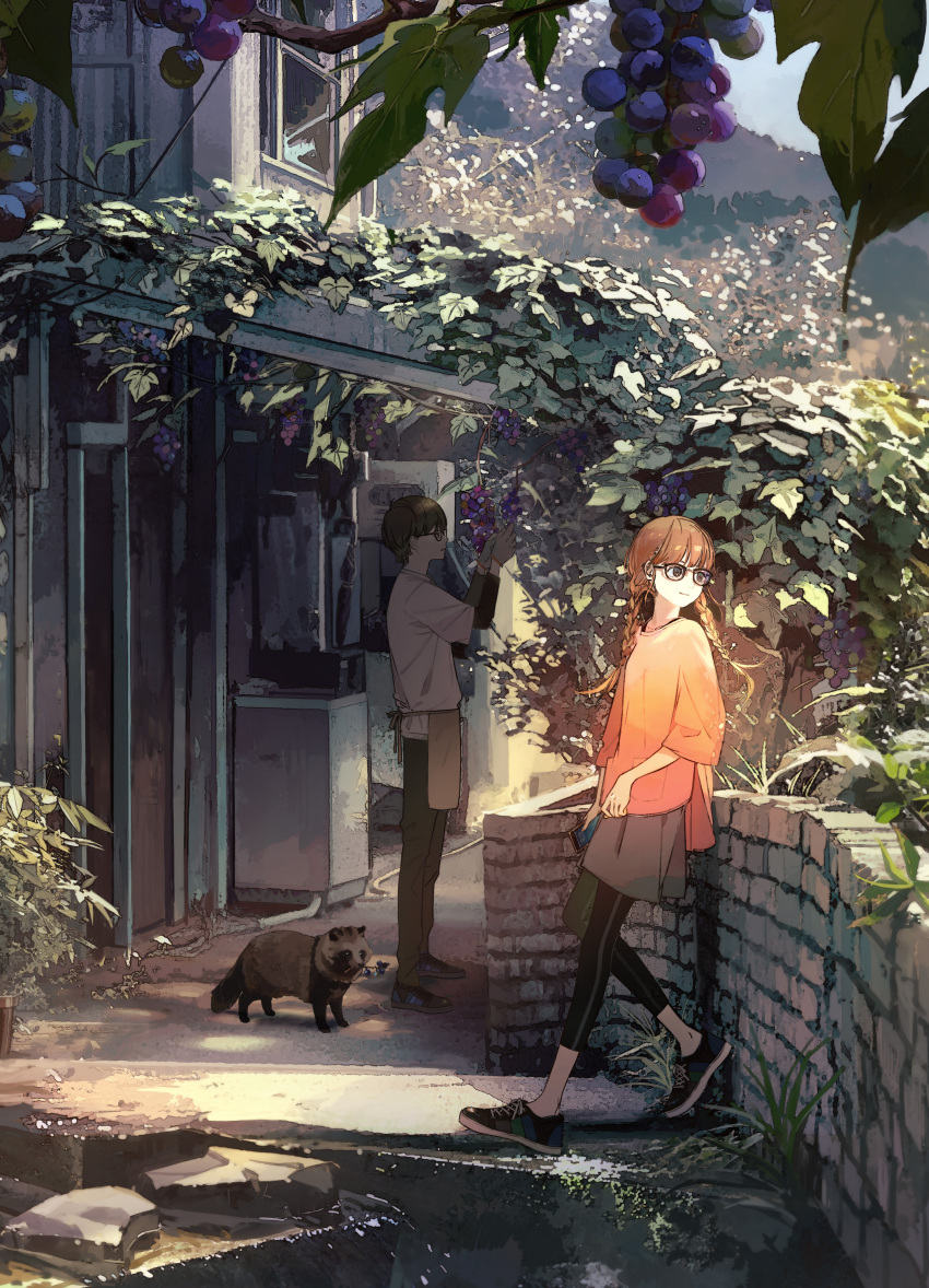 1boy, 1girl, absurdres, apron, braid, brown_apron, brown_eyes, brown_hair