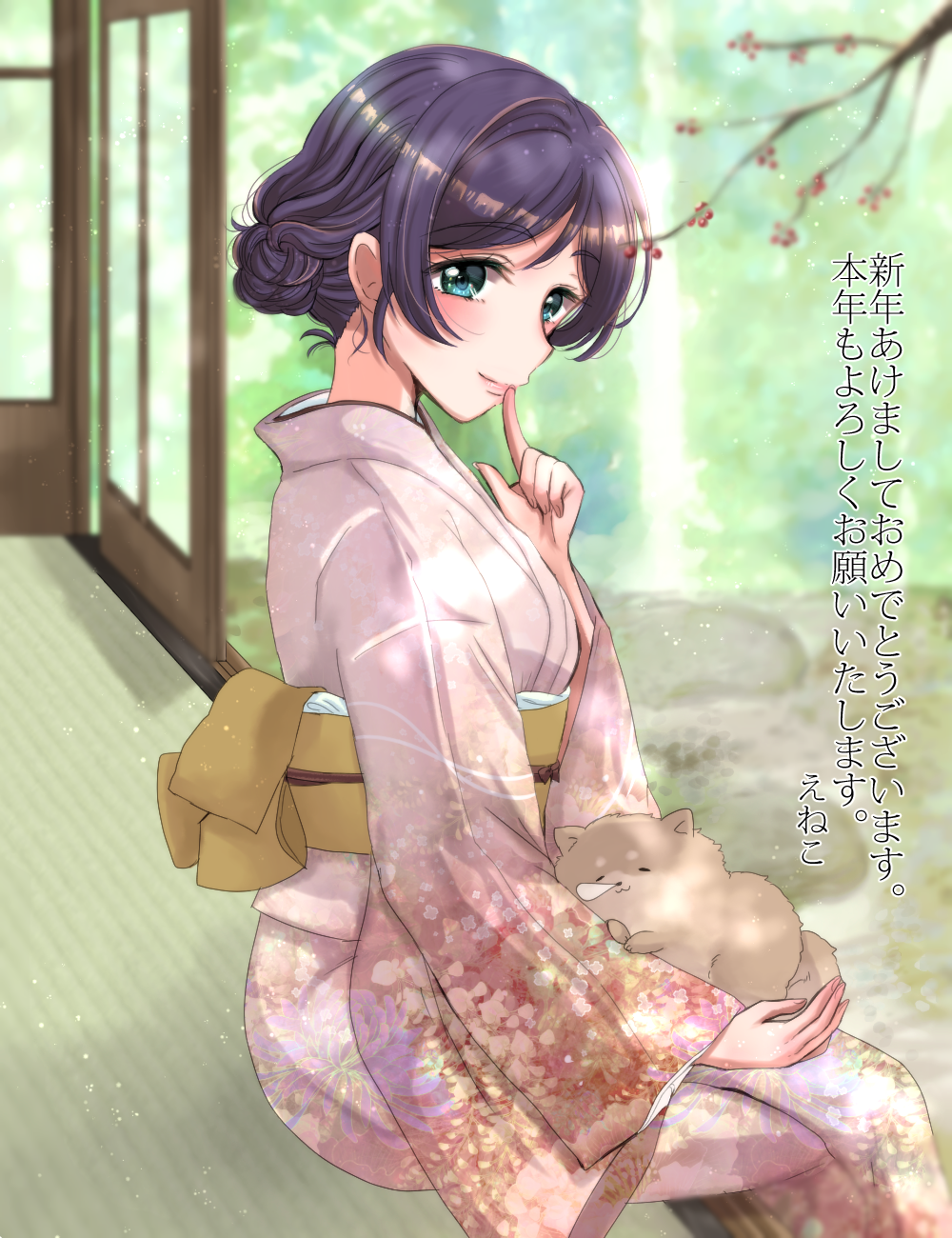 1girl, alternate_hairstyle, blush, branch, commentary_request, dog, eneco, finger_to_mouth
