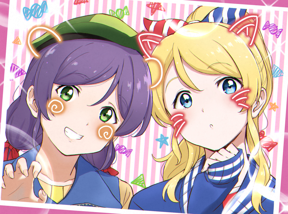 2girls, :o, ayase_eli, beret, blonde_hair, blue_eyes, blue_sweater, bubble