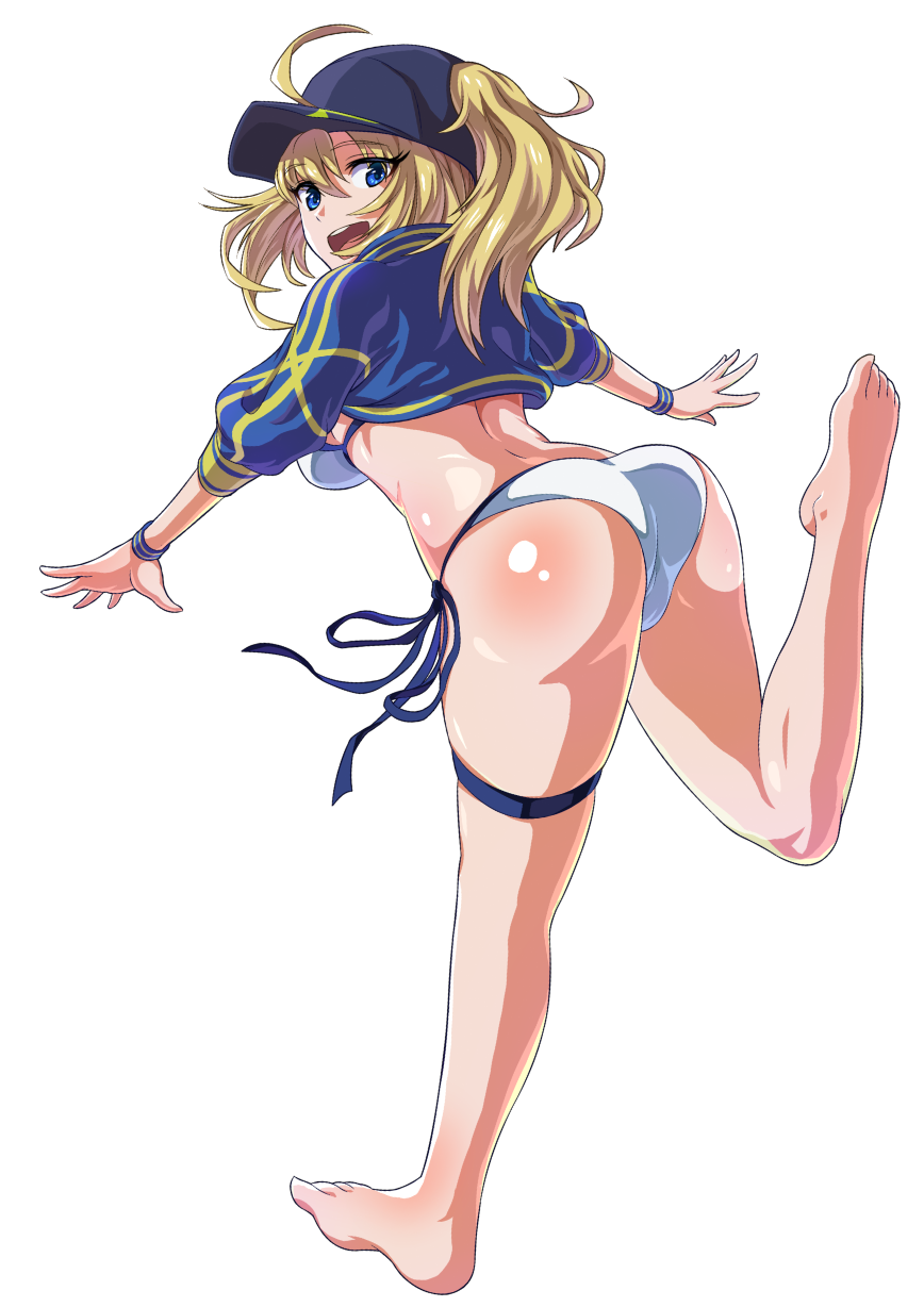 1girl, ahoge, artoria_pendragon_(all), ass, barefoot, bikini, blonde_hair, blue_eyes