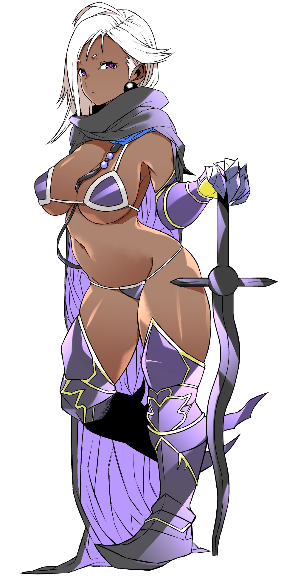 1girl, armor, asymmetrical_hair, bikini_armor, black_cloak, breasts, cleavage, cloak