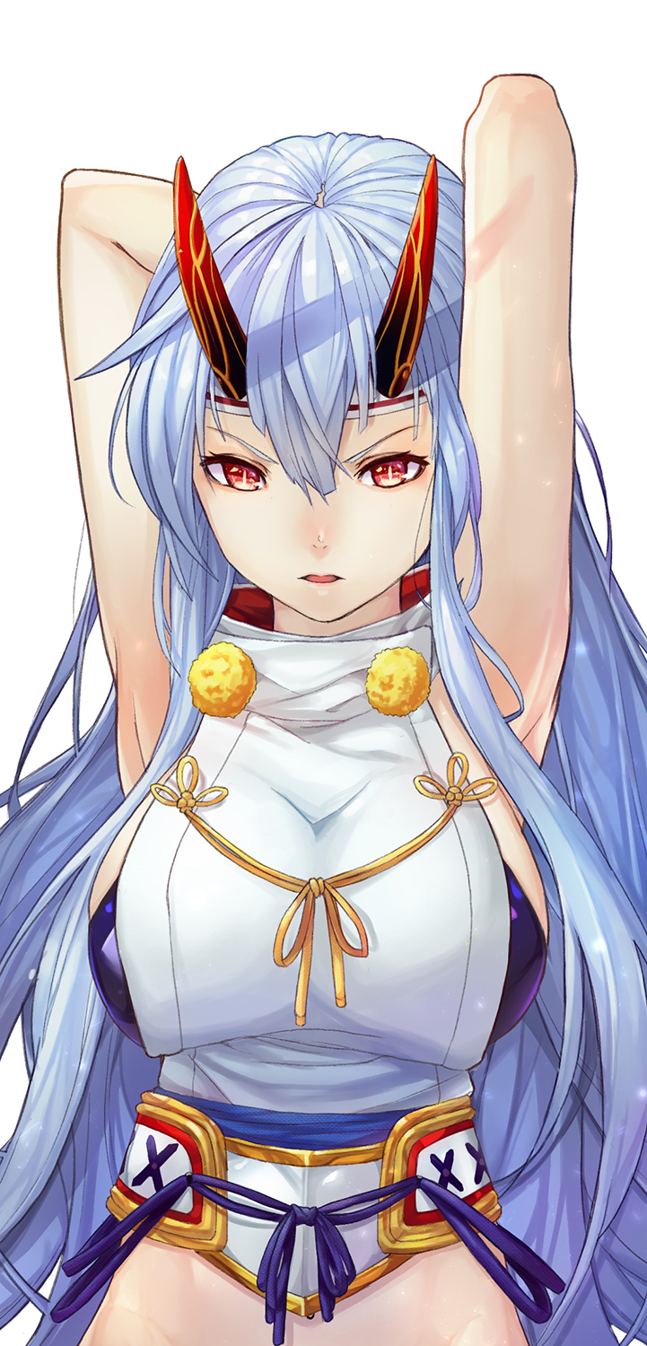 1girl, arms_behind_head, breasts, commentary_request, fate/grand_order, fate_(series), highres, japanese_clothes