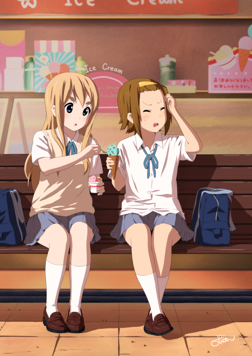 2girls, bench, blonde_hair, blue_eyes, blue_skirt, blush, brown_footwear, brown_hair