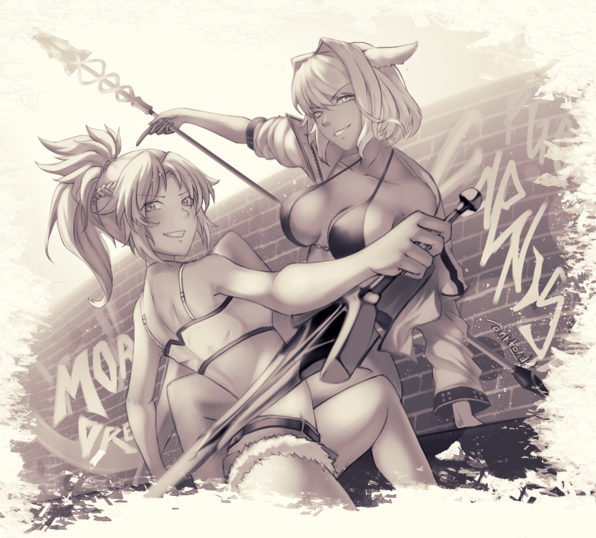 ark_ford, braid, breasts, brick_wall, caenis_(fate), character_name, clarent, cleavage
