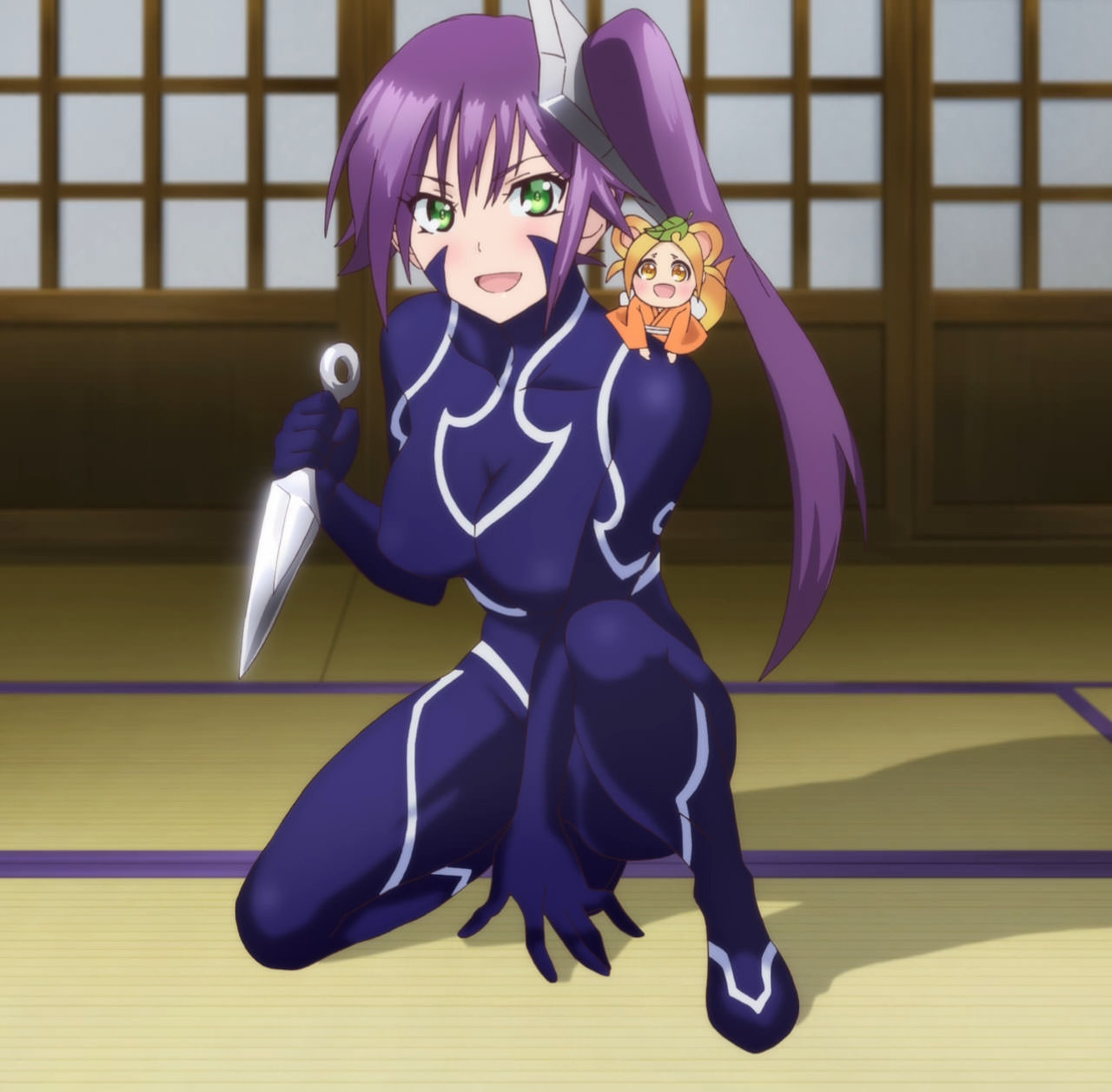 2girls, ameno_sagiri_(yuragisou_no_yuuna-san), animal_ears, blonde_hair, bodysuit, boots, breasts, green_eyes