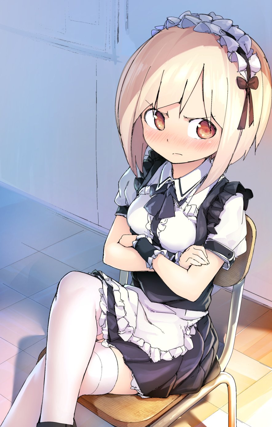 1girl, blonde_hair, blush, chair, commentary_request, crossed_arms, embarrassed, frown, highres, legs_crossed, looking_to_the_side, magenta_(atyana), maid, maid_headdress, mutou_to_satou, original, satou_yutaka, short_hair, sitting, solo, thigh-highs, white_legwear, wristband, yellow_eyes, zettai_ryouiki