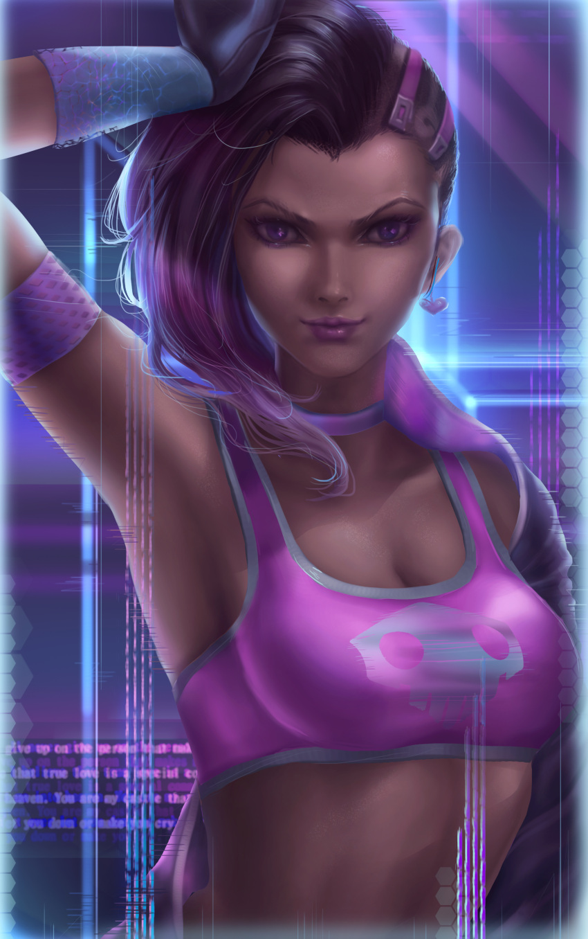 1girl, absurdres, armband, asymmetrical_hair, breasts, choker, cleavage, dark_skin, eyelashes, eyeliner, heart, highres, hongagany, light_smile, lipstick, looking_at_viewer, makeup, medium_breasts, midriff, nose, overwatch, purple_lips, purple_lipstick, skull_print, solo, sombra_(overwatch), sports_bra, undercut