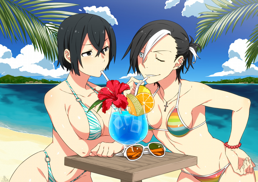 2girls, beach, bendy_straw, bikini, black_hair, black_hood, blue_eyes, breasts