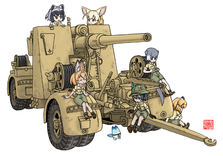 6+girls, 88_flak, afrika_korps, animal_ears, ankle_boots, black_eyes, black_gloves, black_hair
