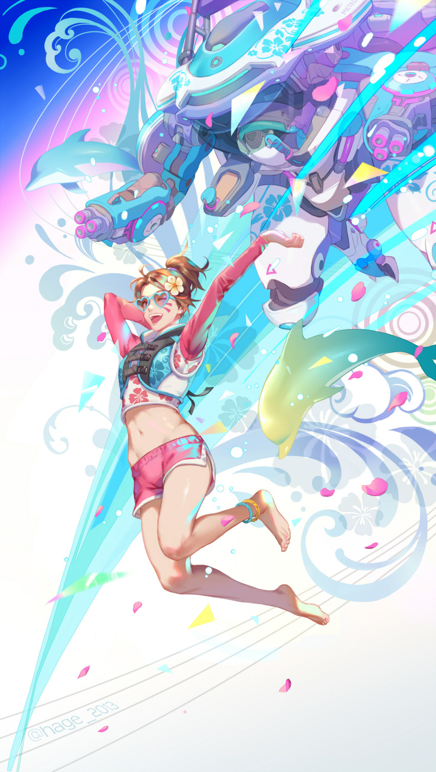 1girl, :d, ;d, absurdres, ankle, arms_up, barefoot, brown_eyes