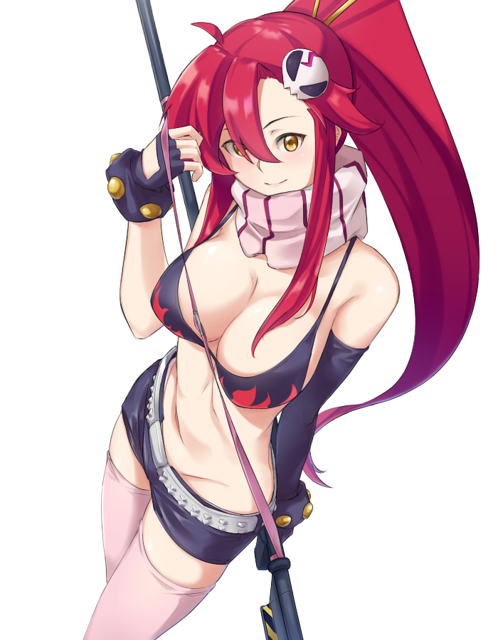 1girl, bikini_top, black_gloves, black_shorts, breasts, cleavage, fingerless_gloves, floating_hair
