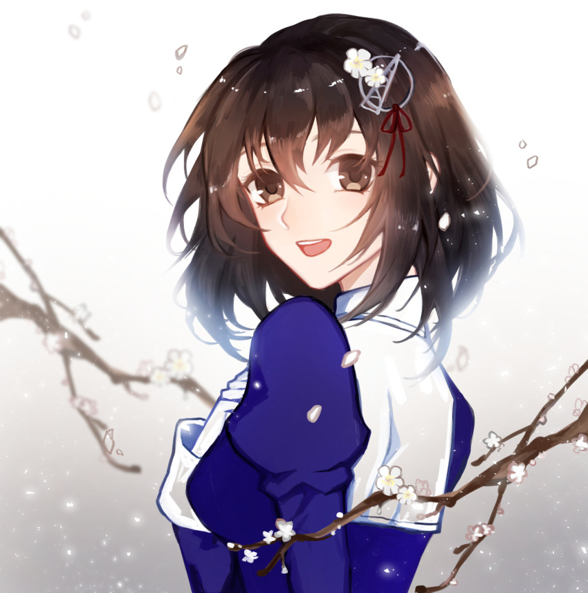 1girl, :d, blue_shirt, brown_eyes, brown_hair, flower, gloves, gradient