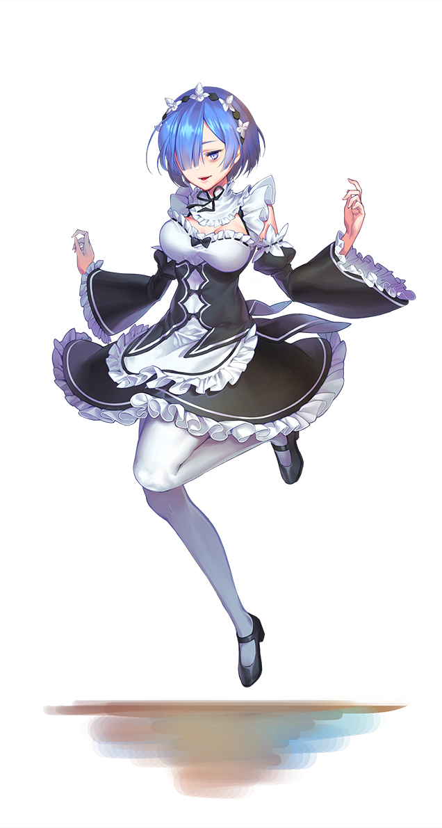 1girl, apron, black_footwear, black_ribbon, black_skirt, blue_eyes, blue_hair, breasts