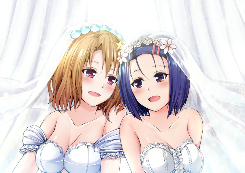 2girls, :d, blue_hair, blush, breasts, bridal_veil, brown_eyes, brown_hair