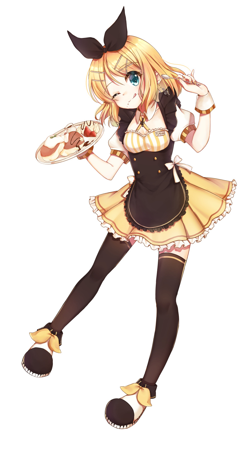 1girl, ;q, absurdres, black_apron, black_bow, black_legwear, blonde_hair, blue_eyes