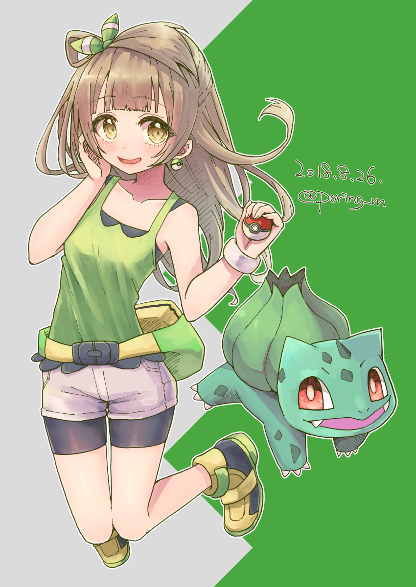1girl, 2018, absurdres, alternate_color, artist_name, bike_shorts, black_shorts, bow, brown_eyes, brown_hair, bulbasaur, collarbone, cosplay, dated, eyebrows_visible_through_hair, floating_hair, full_body, gen_1_pokemon, grey_shirt, hair_bow, hand_on_own_cheek, haruka_(pokemon), haruka_(pokemon)_(cosplay), highres, holding, holding_poke_ball, jumping, legs_up, long_hair, looking_at_viewer, love_live!, love_live!_school_idol_project, minami_kotori, miyamae_porin, poke_ball, poke_ball_earrings, pokemon, pokemon_(creature), shirt, short_shorts, shorts, shorts_under_shorts, sleeveless, sleeveless_shirt, white_shorts