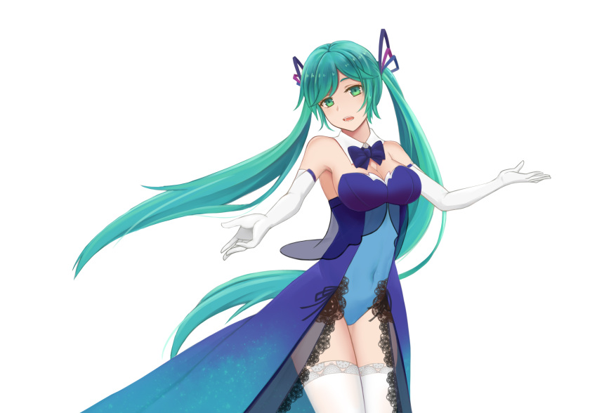 1girl, aqua_hair, bangs, blue_bow, blue_leotard, bow, bowtie, breasts