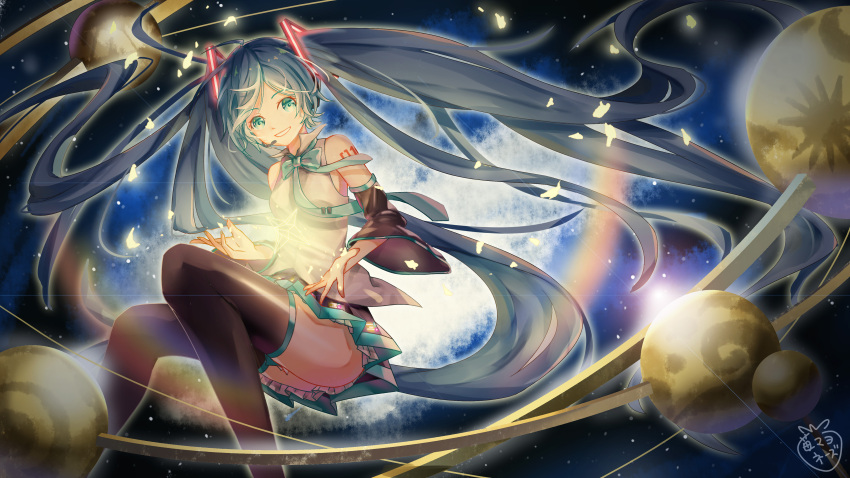 1girl, absurdly_long_hair, absurdres, black_legwear, black_skirt, blue_bow, blue_hair, bow