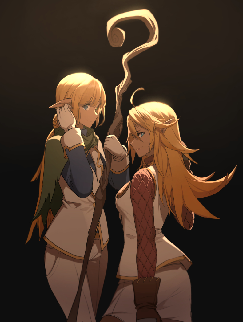 1boy, 1girl, adjusting_hair, androgynous, aura_bella_fiora, bangs, blonde_hair, blue_eyes, braid, breasts, brown_gloves, cape, closed_mouth, cowboy_shot, dark_background, dishwasher1910, elf, eyebrows_visible_through_hair, flipped_hair, gloves, gradient, gradient_background, green_cape, hair_between_eyes, hand_up, hat, holding, holding_staff, light, lips, long_hair, long_sleeves, mare_bello_fiore, medium_breasts, older, overlord_(maruyama), pants, pink_lips, pointy_ears, profile, ringed_eyes, siblings, sidelocks, skirt, sleeve_cuffs, smile, staff, twins, vest, white_pants, white_skirt, white_vest, wooden_staff