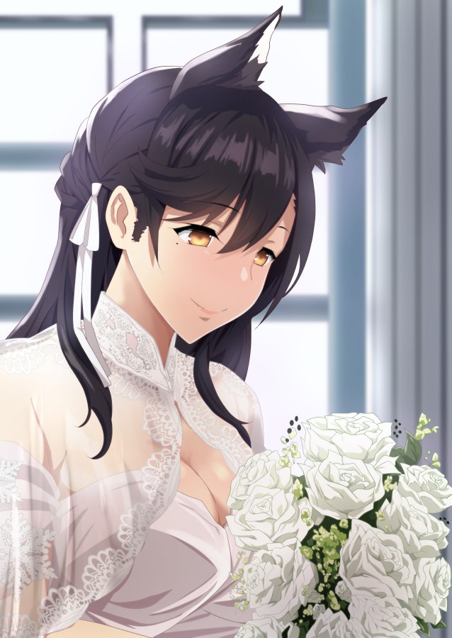 1girl, alternate_costume, animal_ears, atago_(azur_lane), azur_lane, backlighting, bangs, black_hair