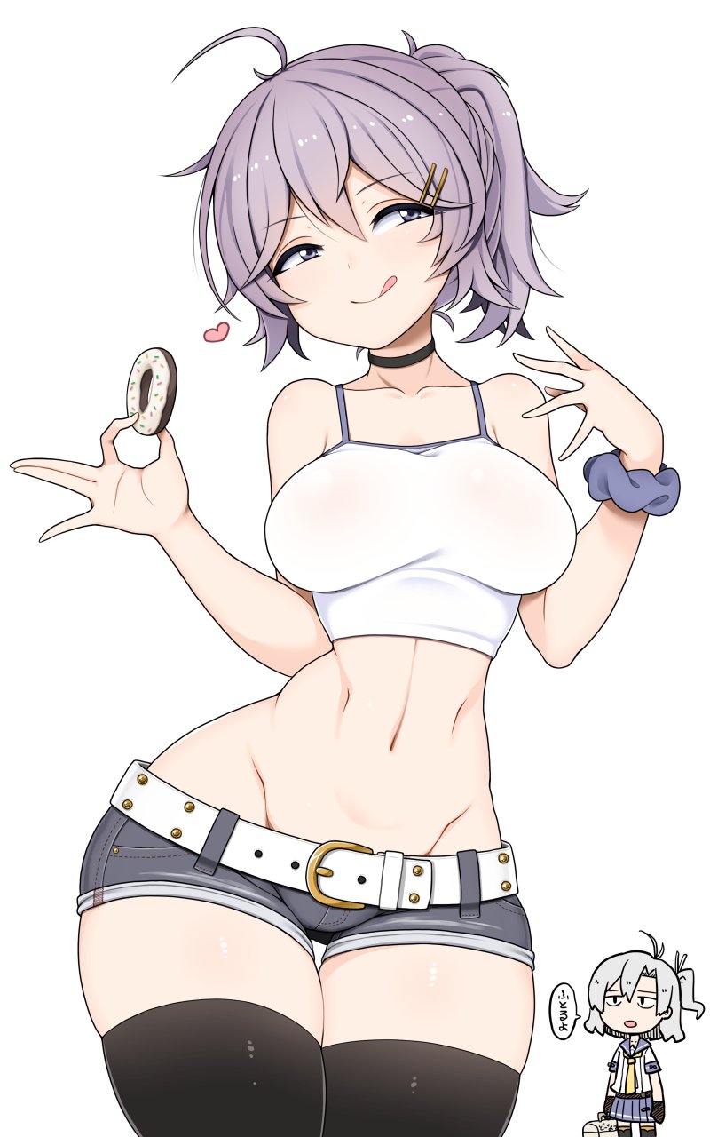 2girls, ahoge, antenna_hair, aoba_(kantai_collection), bare_shoulders, black_choker, black_legwear, blue_eyes