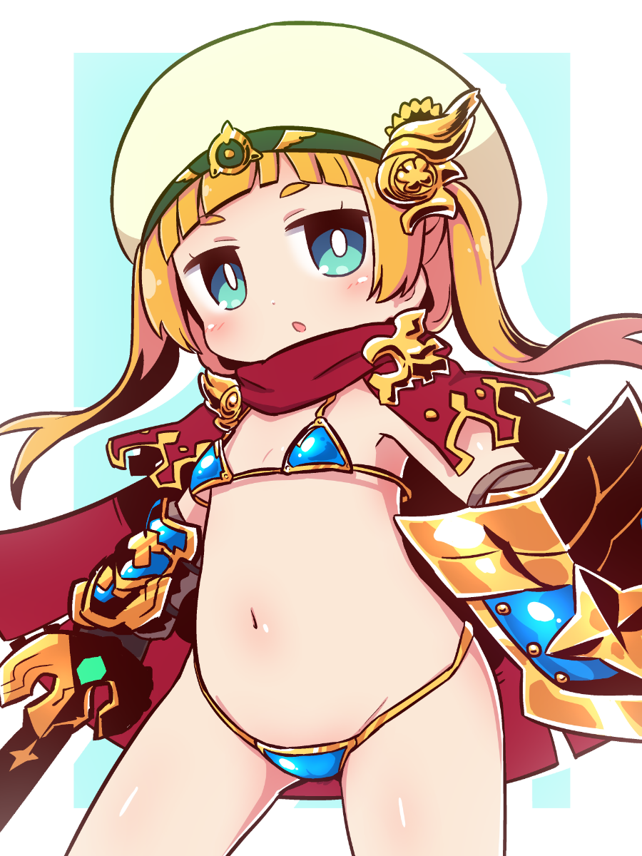 1girl, armor, bikini_armor, blonde_hair, blue_eyes, cape, hat, hero_(sekaiju), highres, holding, holding_shield, holding_sword, holding_weapon, naga_u, navel, open_mouth, red_cape, sekaiju_no_meikyuu, sekaiju_no_meikyuu_x, shield, short_hair, solo, standing, sword, weapon