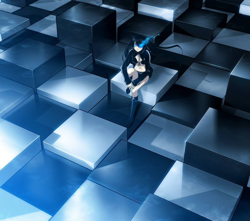 1girl, bikini, bikini_top, black_hair, black_rock_shooter, black_rock_shooter_(character), checkerboard, checkered