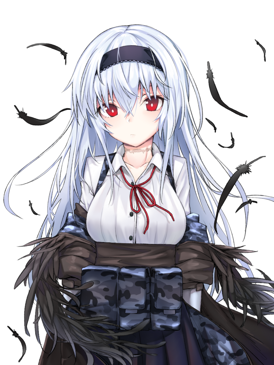 1girl, arms_at_sides, bangs, black_hairband, black_skirt, breasts, bright_pupils, camouflage