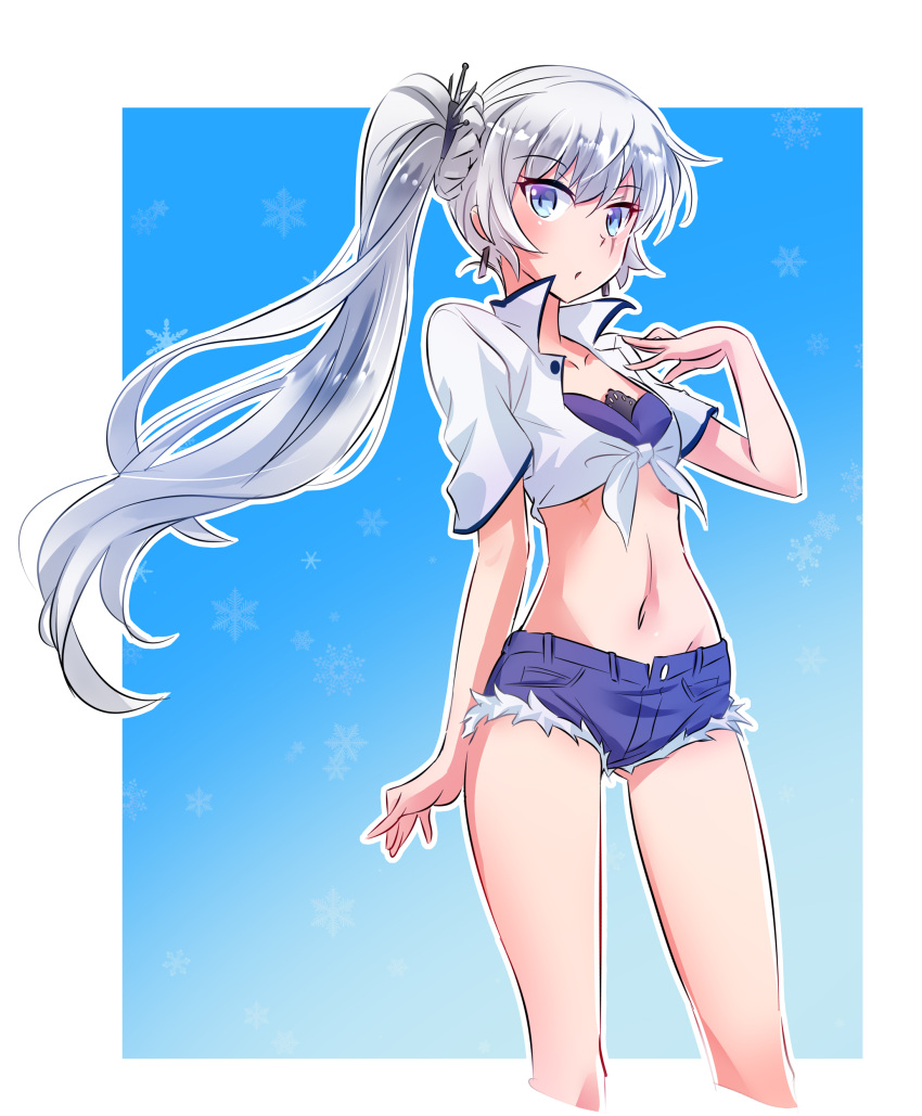 1girl, :o, absurdres, alternate_costume, arm_at_side, ass_visible_through_thighs, bare_legs, blue_background