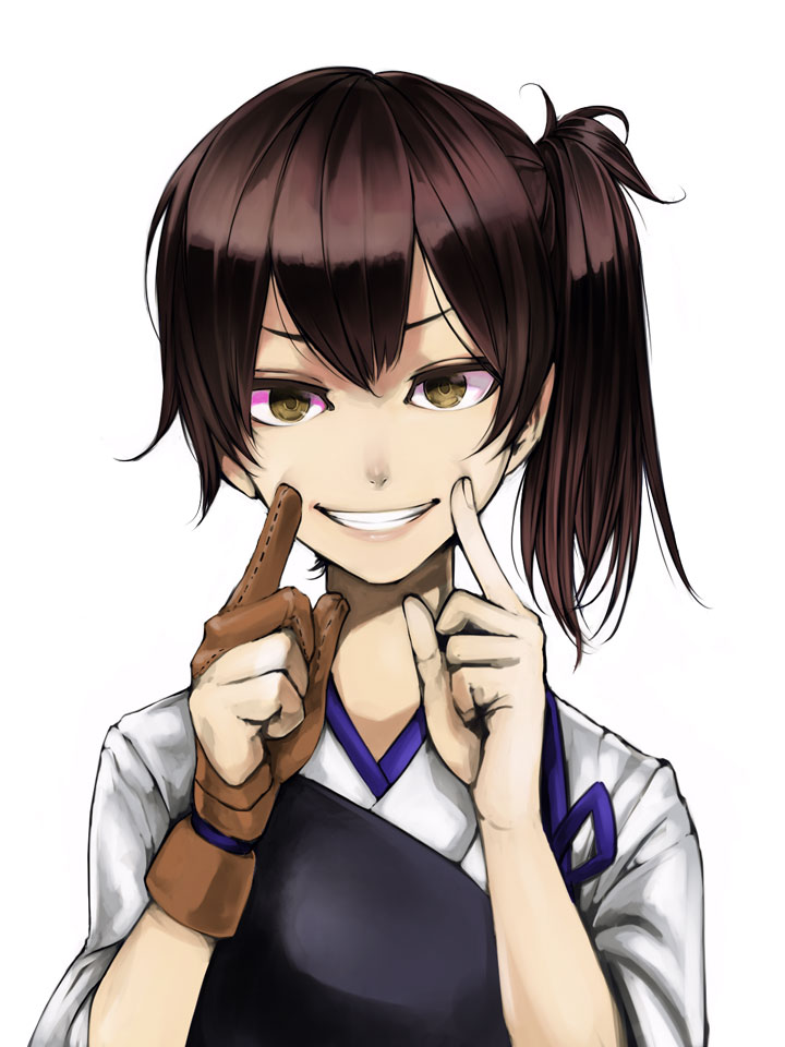 1girl, bangs, breasts, brown_eyes, brown_gloves, brown_hair, fingersmile, gloves, hair_between_eyes, japanese_clothes, kaga_(kantai_collection), kantai_collection, kurou_(bcrow), long_hair, looking_at_viewer, muneate, parted_lips, partly_fingerless_gloves, side_ponytail, sidelocks, simple_background, single_glove, smile, solo, upper_body, white_background