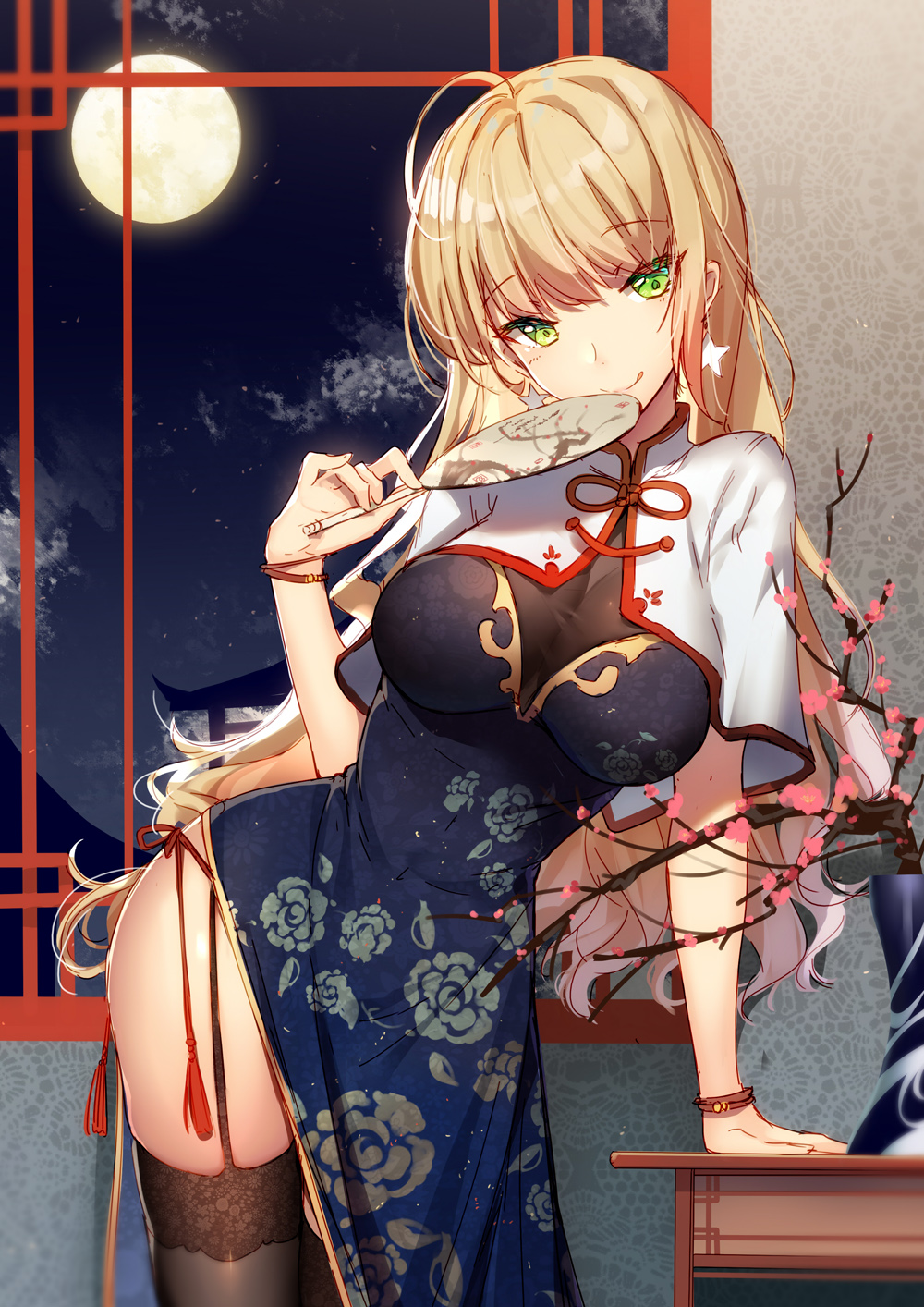 1girl, :q, ahoge, bangs, bison_cangshu, black_legwear, blonde_hair, bracelet, breasts, china_dress, chinese_clothes, closed_mouth, clouds, commentary_request, dress, earrings, eyebrows_visible_through_hair, fan, garter_straps, green_eyes, highres, holding, holding_fan, indoors, jewelry, leaning_on_object, leaning_to_the_side, looking_at_viewer, medium_breasts, missouri_(zhan_jian_shao_nyu), moon, night, panties, see-through, side-tie_bottom, side-tie_panties, smile, solo, standing, star, star_earrings, table, thigh-highs, tongue, tongue_out, underwear, vase, zhan_jian_shao_nyu
