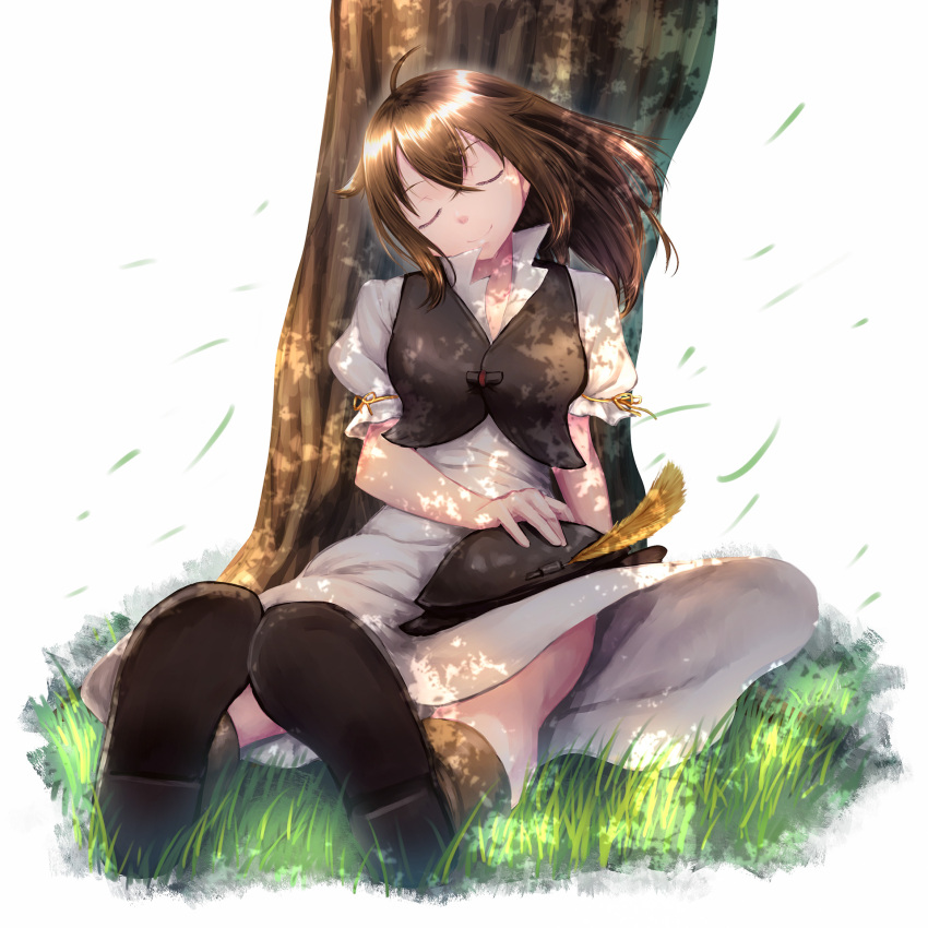 1girl, bag, brown_hair, closed_eyes, dress, hat, highres, jewelry