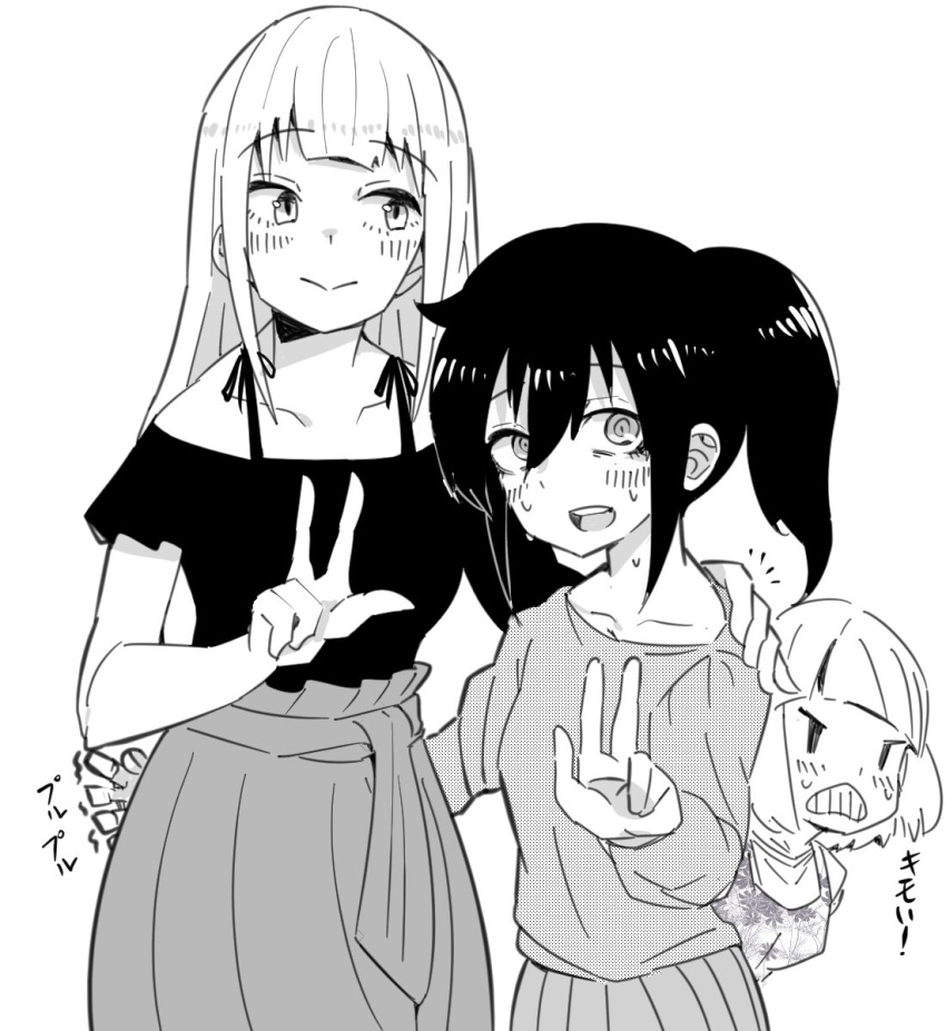 3girls, :>, :d, alternate_hairstyle, bags_under_eyes, blush, casual, catchphrase