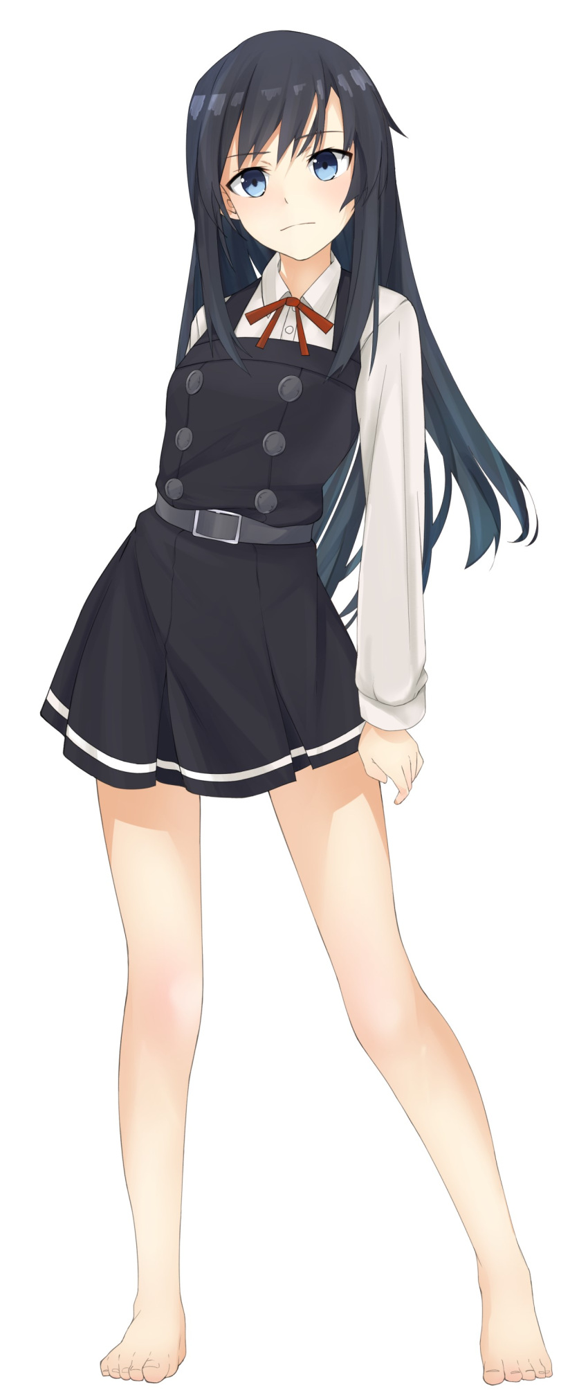 1girl, absurdres, asashio_(kantai_collection), bare_legs, barefoot, belt, black_hair, blue_eyes
