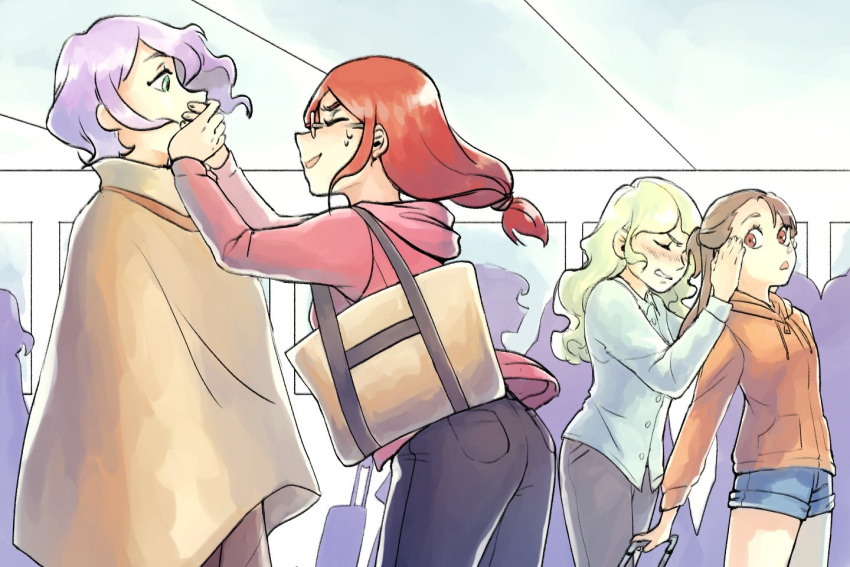 4girls, bag, blonde_hair, brown_hair, closed_eyes, commentary, covering_mouth, croix_meridies