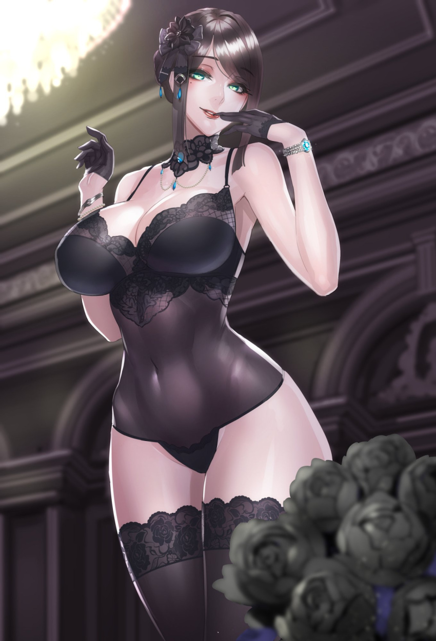 1girl, bare_shoulders, biting, black_gloves, blush, bouquet, bow, bracelet
