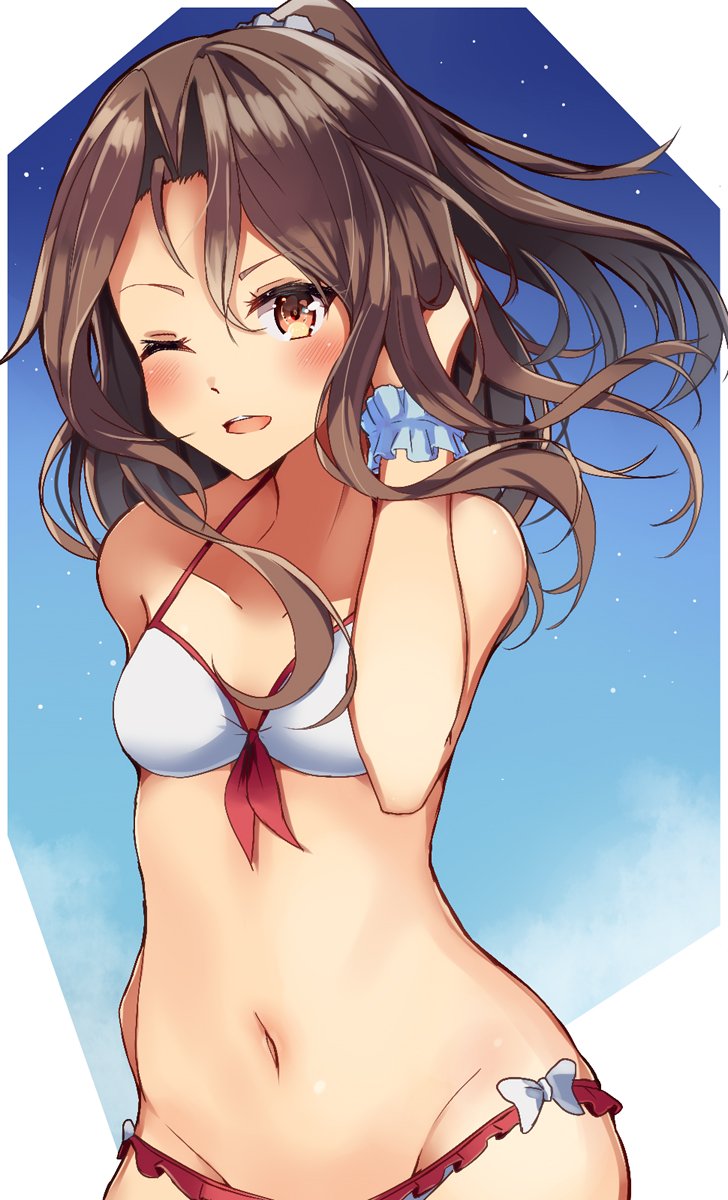1girl, ;d, bare_shoulders, bikini, blush, breasts, brown_eyes, brown_hair, collarbone, hair_ornament, hair_scrunchie, highres, kantai_collection, looking_at_viewer, midriff, natsu_narumi, navel, one_eye_closed, open_mouth, ponytail, scrunchie, small_breasts, smile, solo, swimsuit, wrist_scrunchie, zuihou_(kantai_collection)