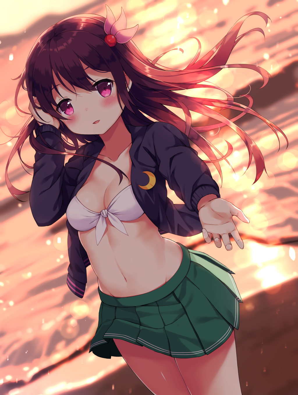 1girl, bangs, bikini_top, black_jacket, blurry, blurry_background, blush, collarbone