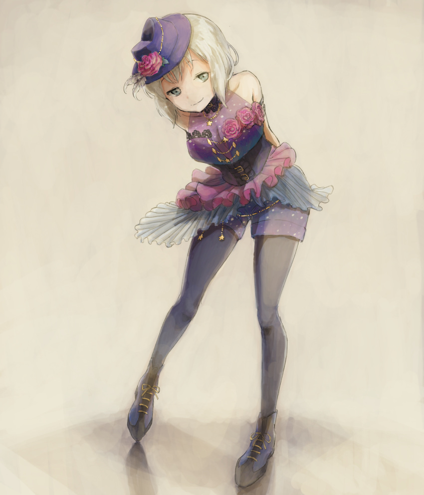 1girl, aoba_moca, aqua_eyes, arms_behind_back, bang_dream!, bangs, black_legwear, blue_hat, collarbone, commentary_request, corset, flower, full_body, grey_background, grey_hair, half-closed_eyes, hat, hat_feather, hat_flower, highres, leaning_forward, looking_at_viewer, overskirt, pantyhose, pantyhose_under_shorts, pink_flower, rii_(hakumaiiiiii), shoes, short_hair, short_shorts, shorts, smile, solo, standing, white_feathers