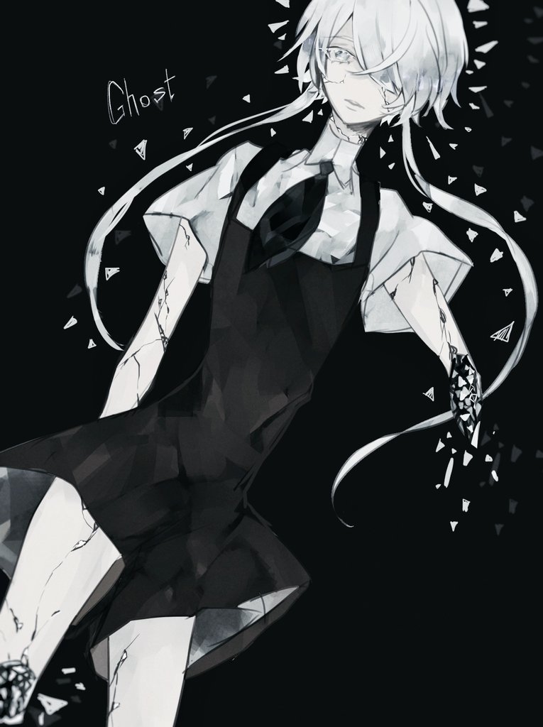 1other, androgynous, black_background, breaking, character_name, colored_eyelashes, gem_uniform_(houseki_no_kuni), ghost_quartz_(houseki_no_kuni)