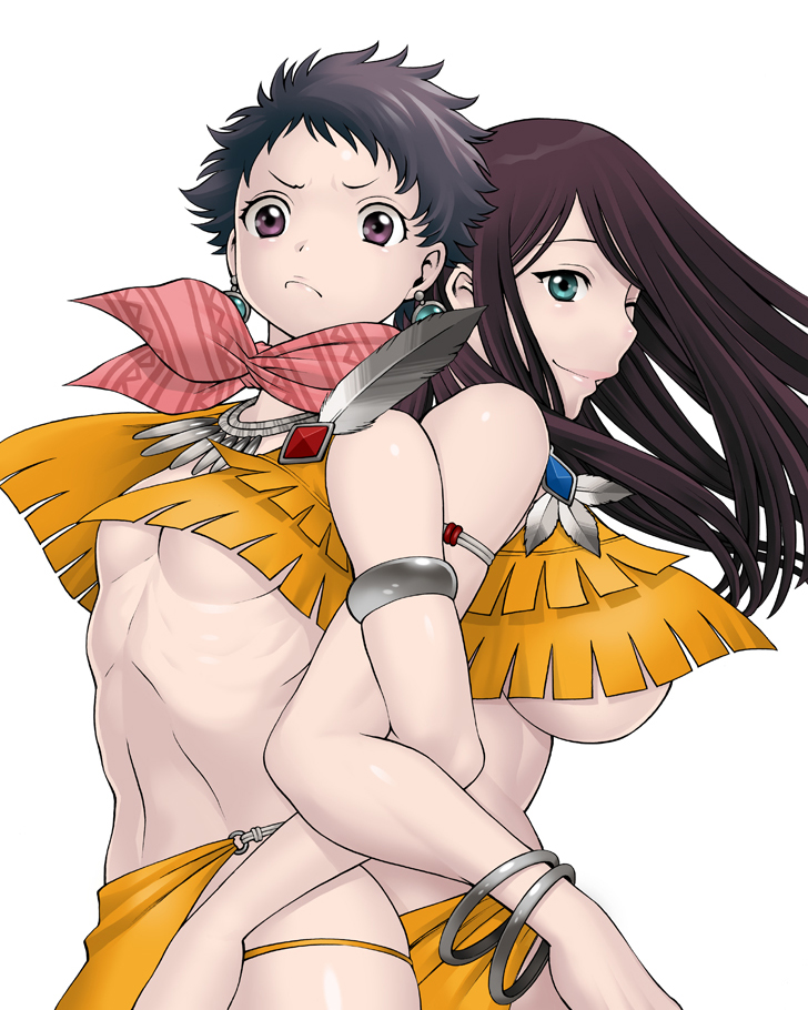 back-to-back, back_to_back, black_hair, bracelet, breasts, brown_hair, earrings, green_eyes