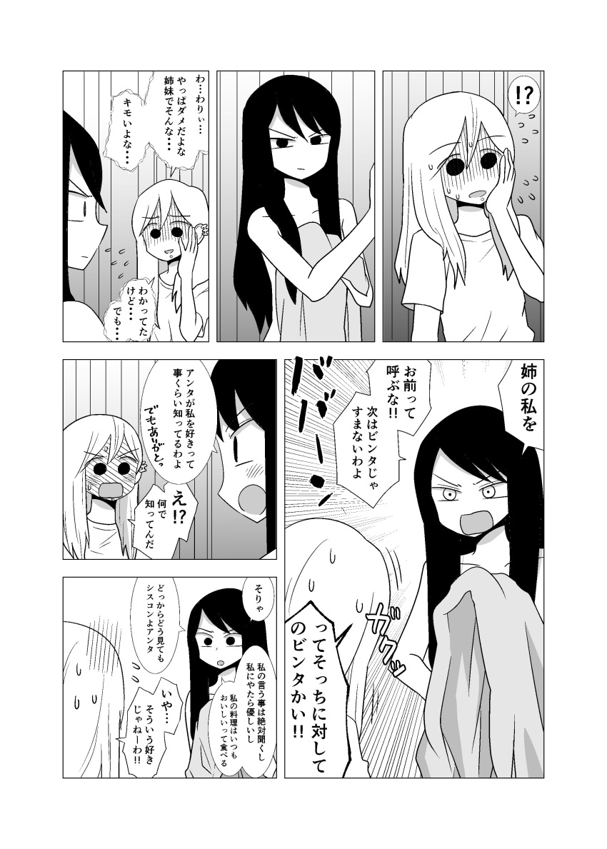 2girls, absurdres, blush, collarbone, comic, ear_piercing, flying_sweatdrops, full-face_blush, greyscale, highres, kagaya_miki, kagaya_you, lip_piercing, long_hair, mochi_au_lait, monochrome, multiple_girls, no_nose, original, piercing, siblings, sisters, sweat, turn_pale