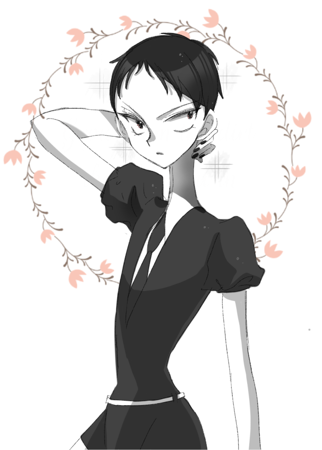 1other, alternate_hair_length, alternate_hairstyle, androgynous, black_eyes, black_hair, bort, easty