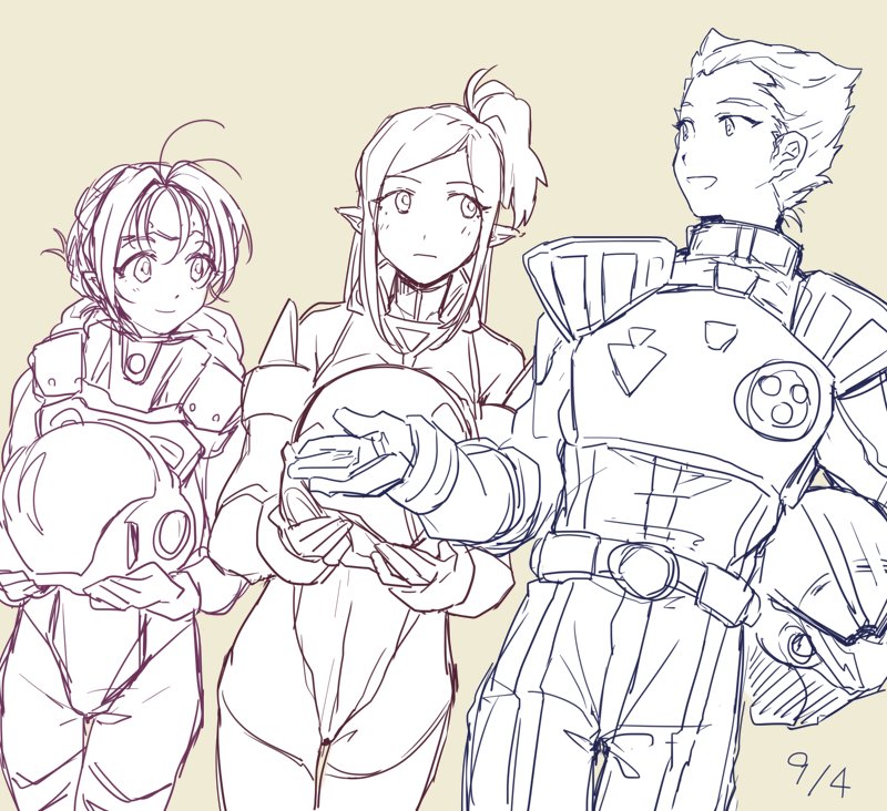 1boy, 2girls, gamlin_kizaki, headwear_removed, helmet, helmet_removed, macross, macross_7