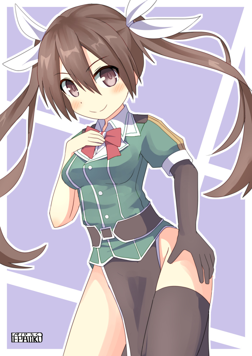 1girl, artist_name, asymmetrical_legwear, belt, blush, breasts, brown_hair, elbow_gloves
