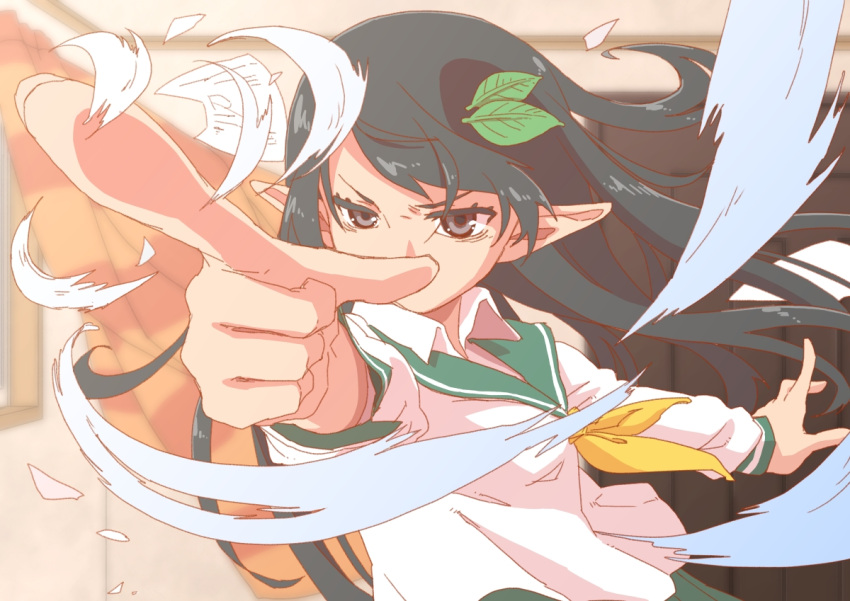 1girl, brown_eyes, curtains, door, elf, foreshortening, hair_blowing, hair_ornament