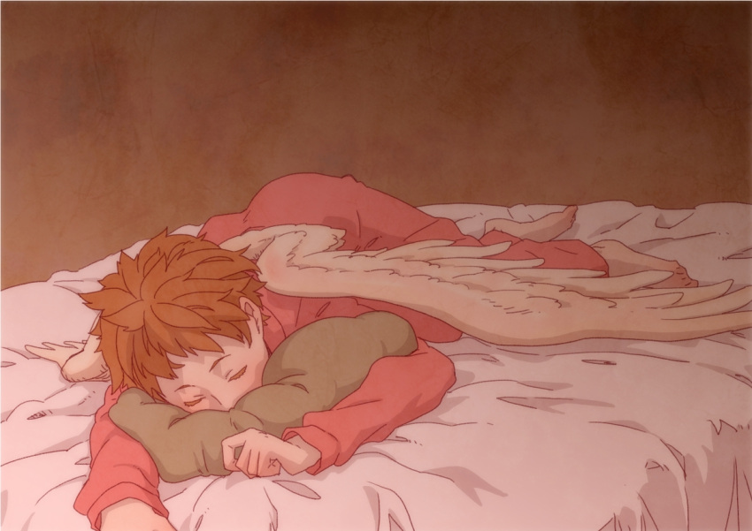 1girl, barefoot, bed, bed_sheet, brown_hair, closed_eyes, colored_eyelashes, face_in_pillow