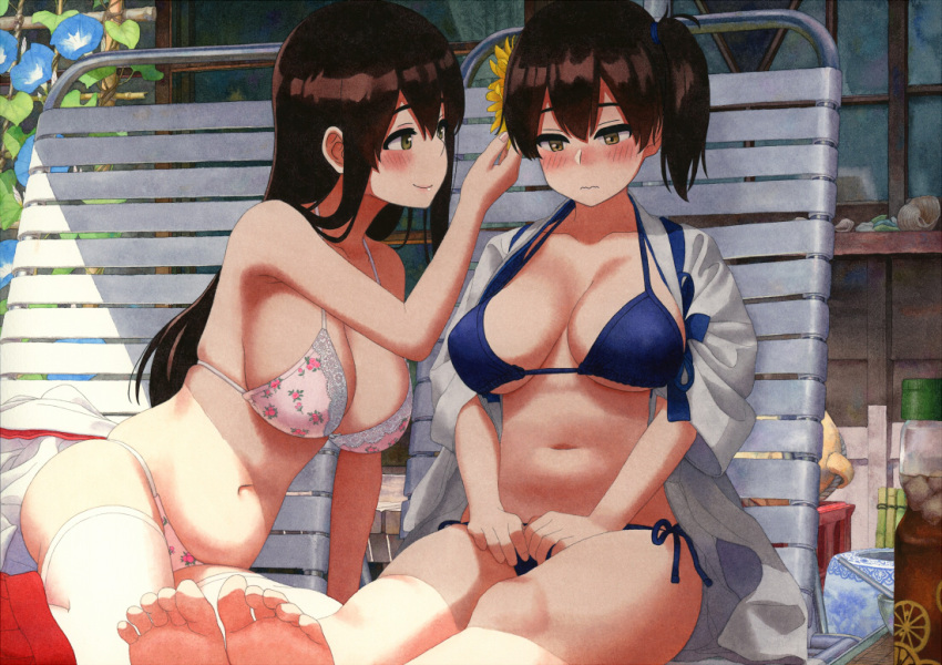 2girls, akagi_(kantai_collection), alternate_costume, bangs, bare_arms, bare_legs, bare_shoulders, belly