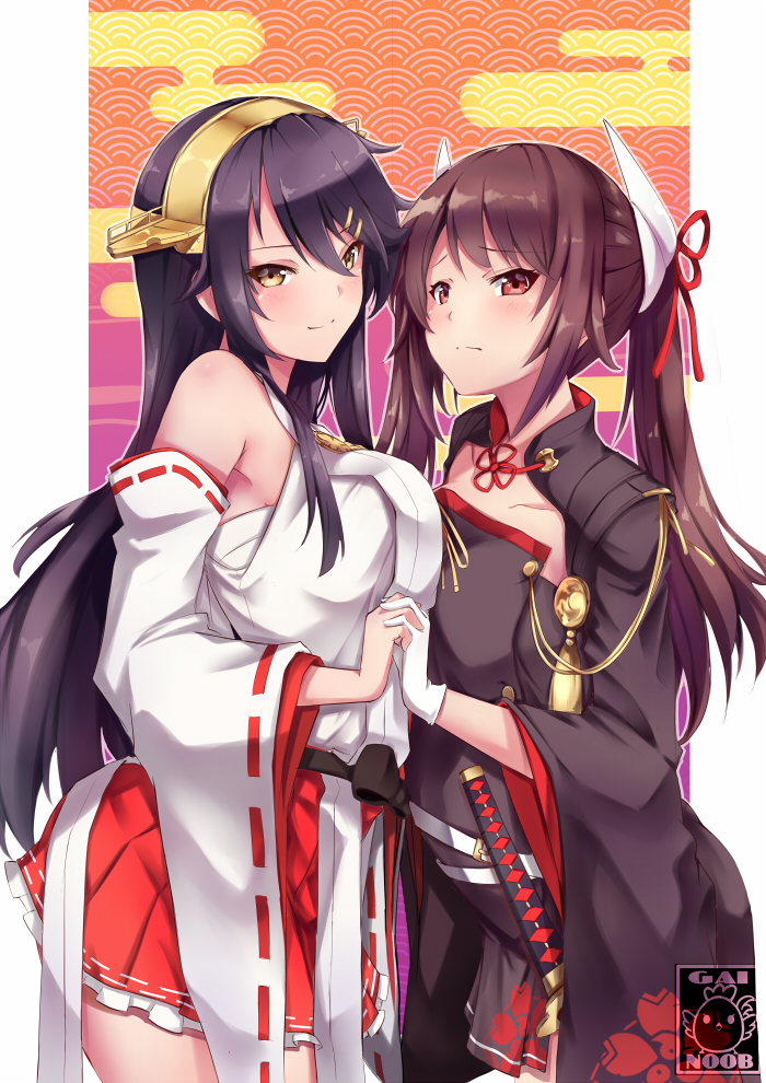 2girls, artist_logo, artist_name, asymmetrical_docking, azur_lane, bare_shoulders, black_hair, blush