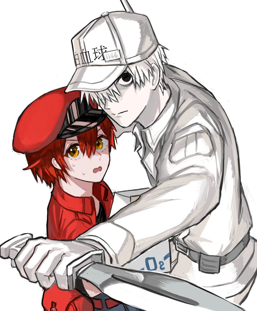 1boy, 1girl, absurdres, ahoge, bag, baseball_cap, belt, black_eyes